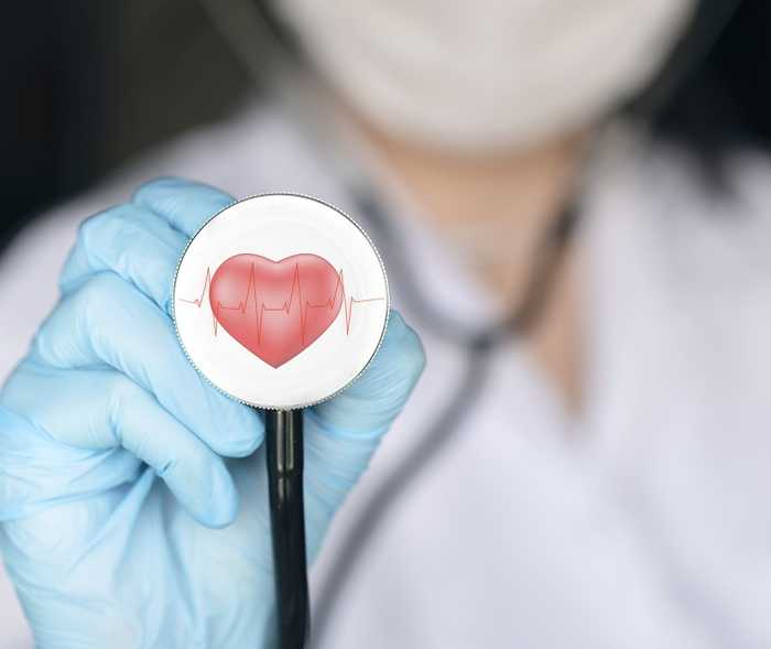 Arzt hält ein Stethoskop mit einem Herz darauf in die Kamera